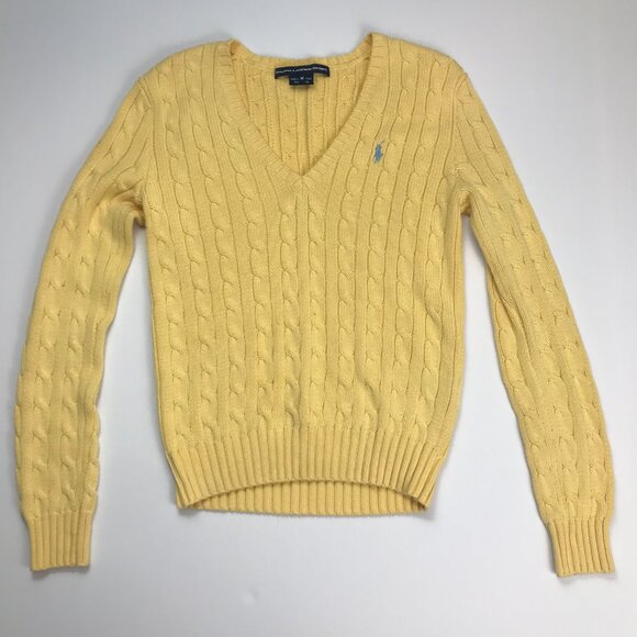 RALPH LAUREN SPORT Yellow Cotton Medium V-Neck Cable Knit Sweater - Picture 2 of 5